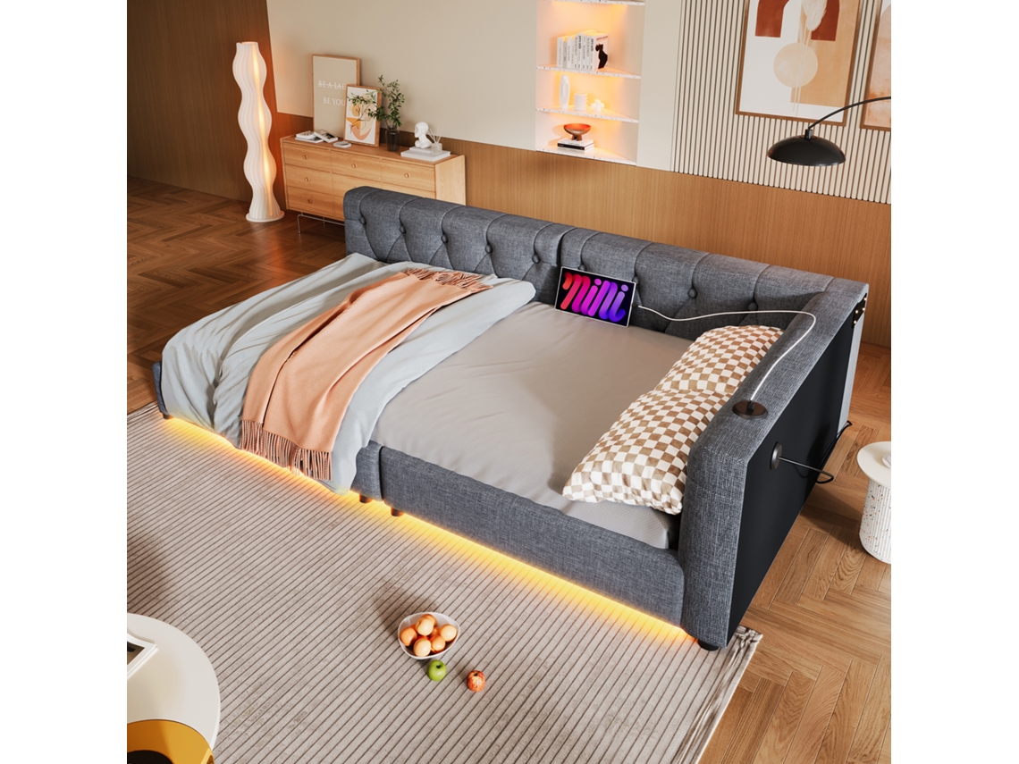 Sofá cama de 90 x 200 cm con somier de láminas, iluminación ambiental con mando a distancia, estilo gris