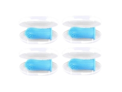 Escova de dentes para cães, kit com 4 escovas de dedo 360°, design ergonômico, cerdas macias, azul.