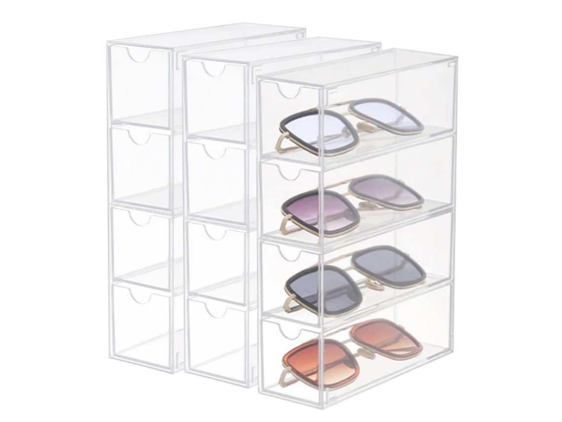 Caja de almacenamiento de escritorio con cajones, apilable y desmontable, transparente para gafas de sol.