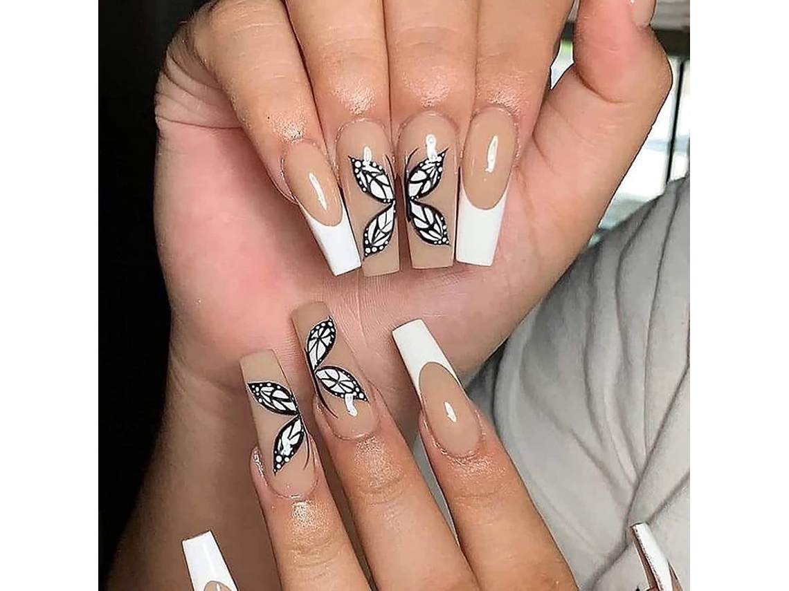 Uñas Postizas Francesas Con Pegamento, Uñas Postizas Largas Con Diseño De Mariposa, 24 Piezas/set Para Uso Diario/fiestas.