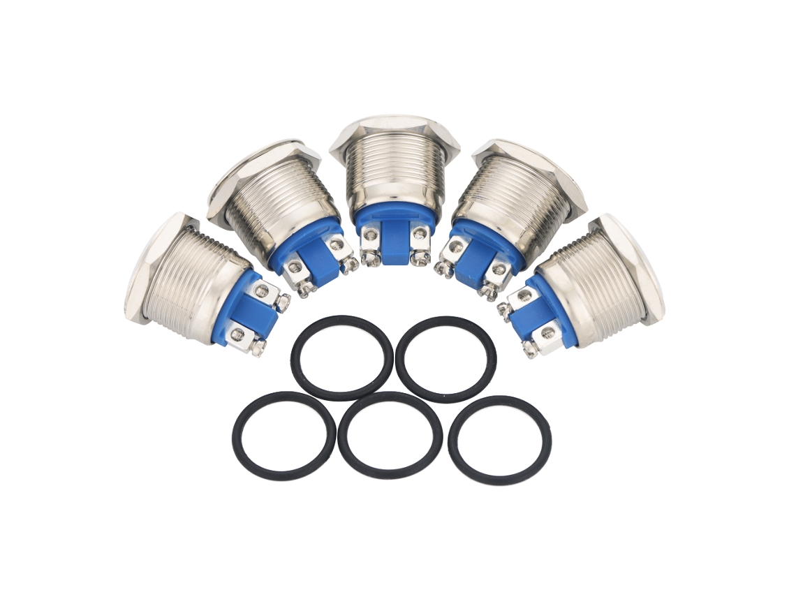 Juego de 5 interruptores pulsadores metálicos impermeables de 19 mm, 2 A/250 V, cabeza plana