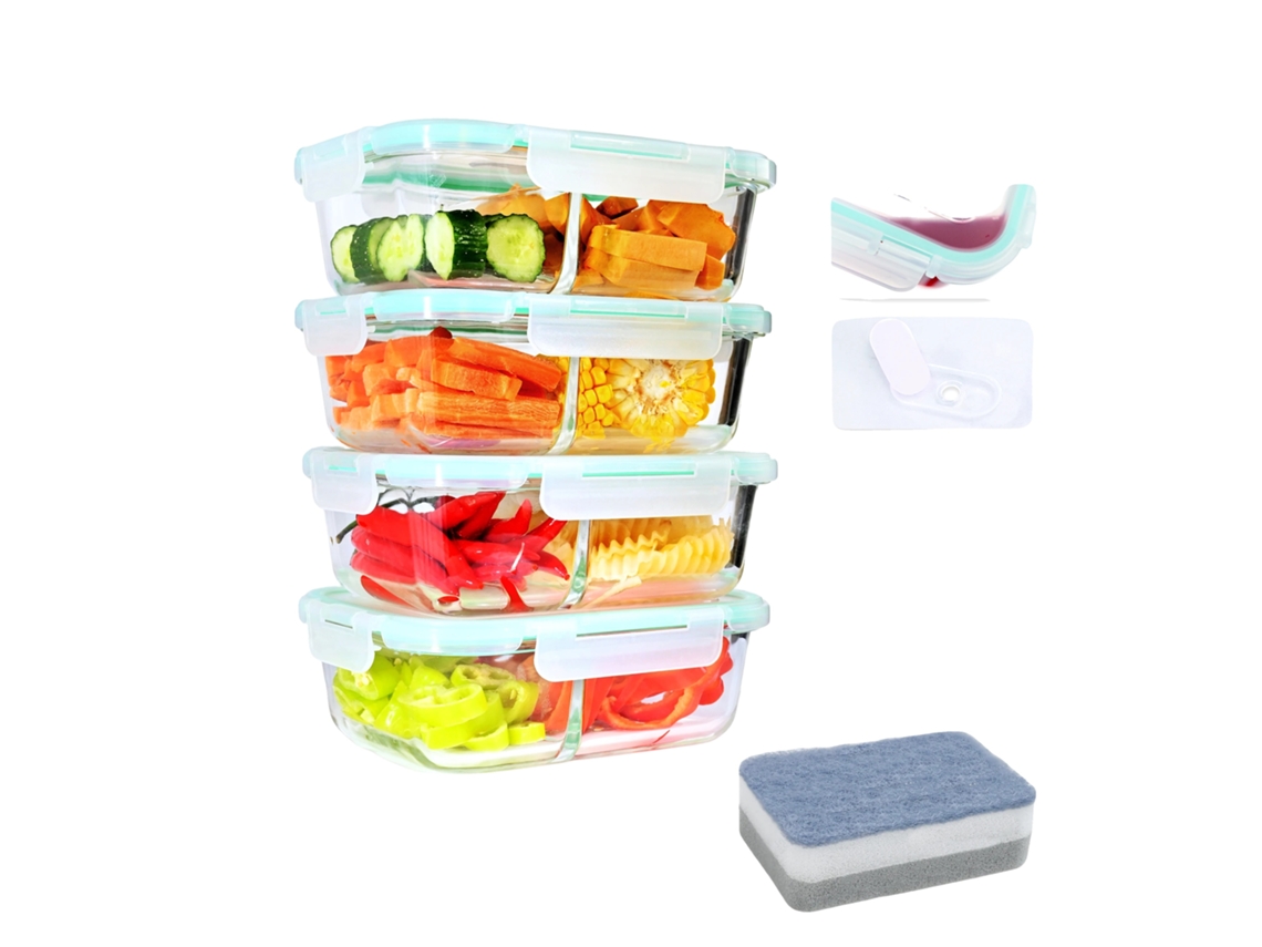 Recipientes para almacenar alimentos, vidrio borosilicato, aptos para microondas, 4 x 1040 ml