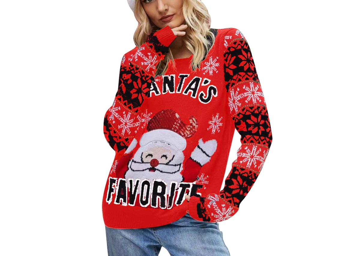 2026altiro-jersey De Navidad Para Mujer Con Motivos De Copos De Nieve Y Papá Noel, Cuello Redondo, Largo Manga, Rojo, Talla L