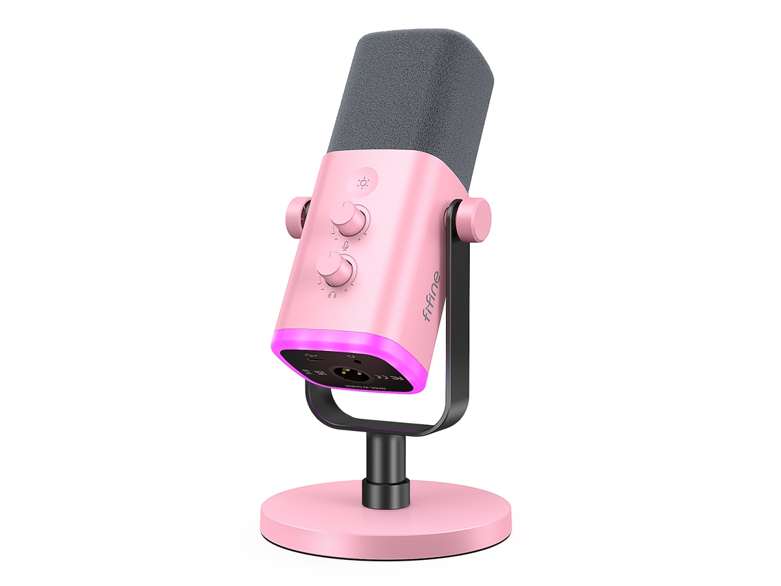 Micrófono dinámico con botón de silencio táctil, conector para auriculares y controles de E/S. Mdug (en rosa).