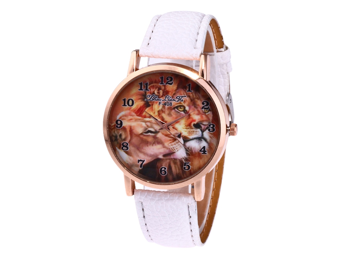 Reloj De Pulsera De Cuarzo Para Mujer Zhoulianfa Con Estampado De León En Piel Sintética Blanca.