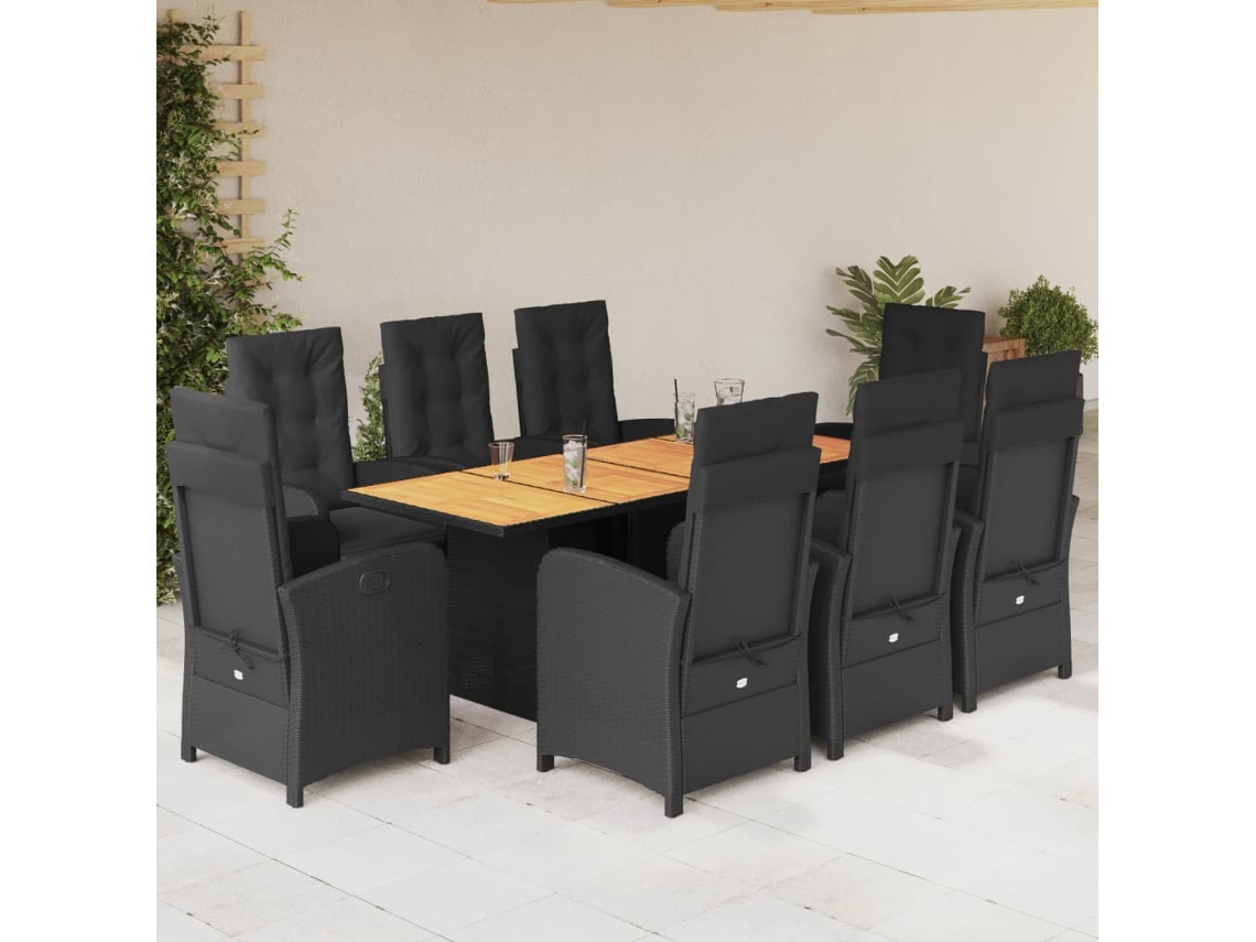 Juego de comedor de jardín de 9 piezas con cojines de mimbre negros de DKD Home Decor