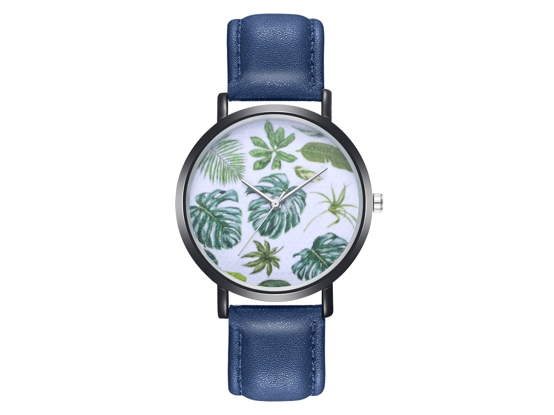 Reloj De Pulsera Zhoulianfa De Cuarzo Con Correa De Pu Con Estampado De Hojas Azules.