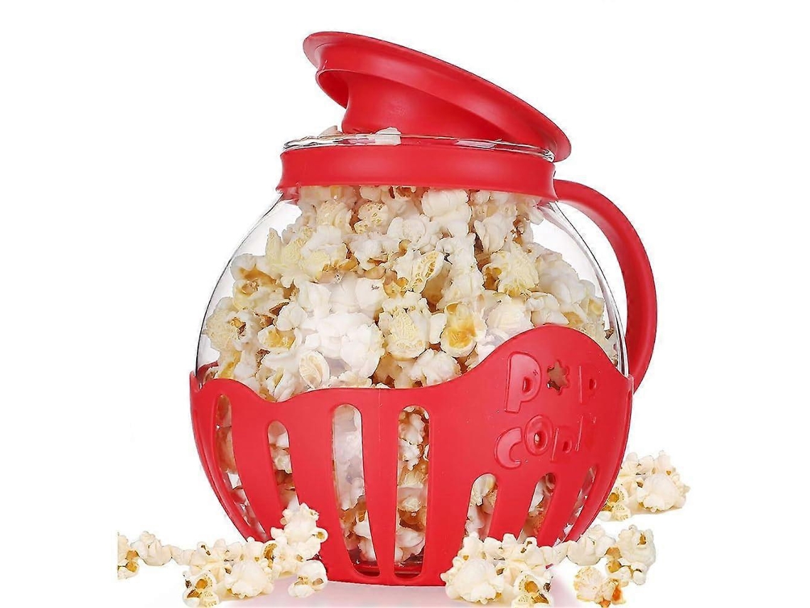 Máquina para hacer palomitas de maíz en microondas con tapa de silicona segura, recipiente para palomitas de maíz de preparación rápida, diseño compacto en color rojo.