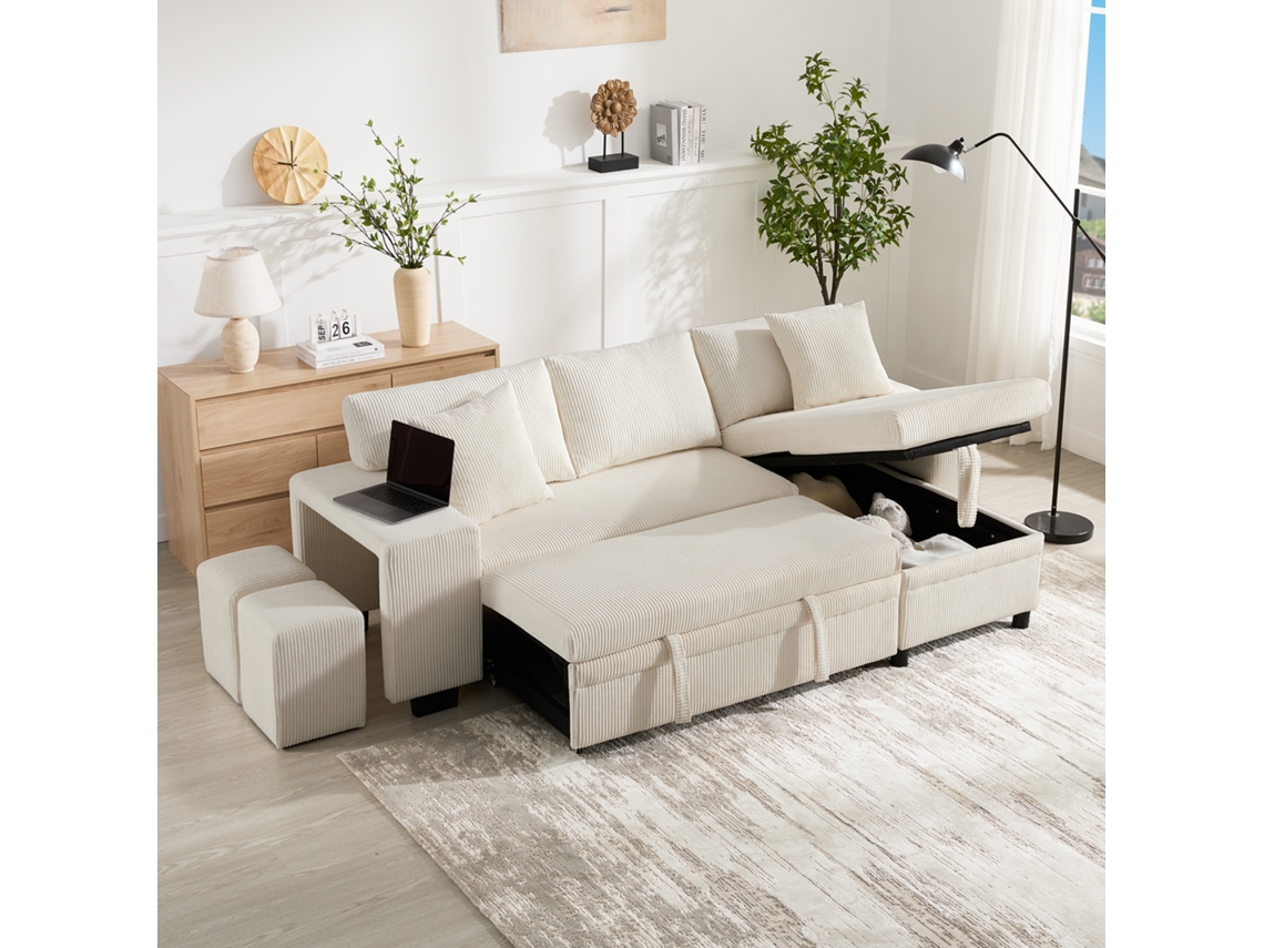 Sofá Cama Convertible L-shape 3 Plazas - Con Usb, Cojines, Almacenamiento Y Estantes Laterales - Beige