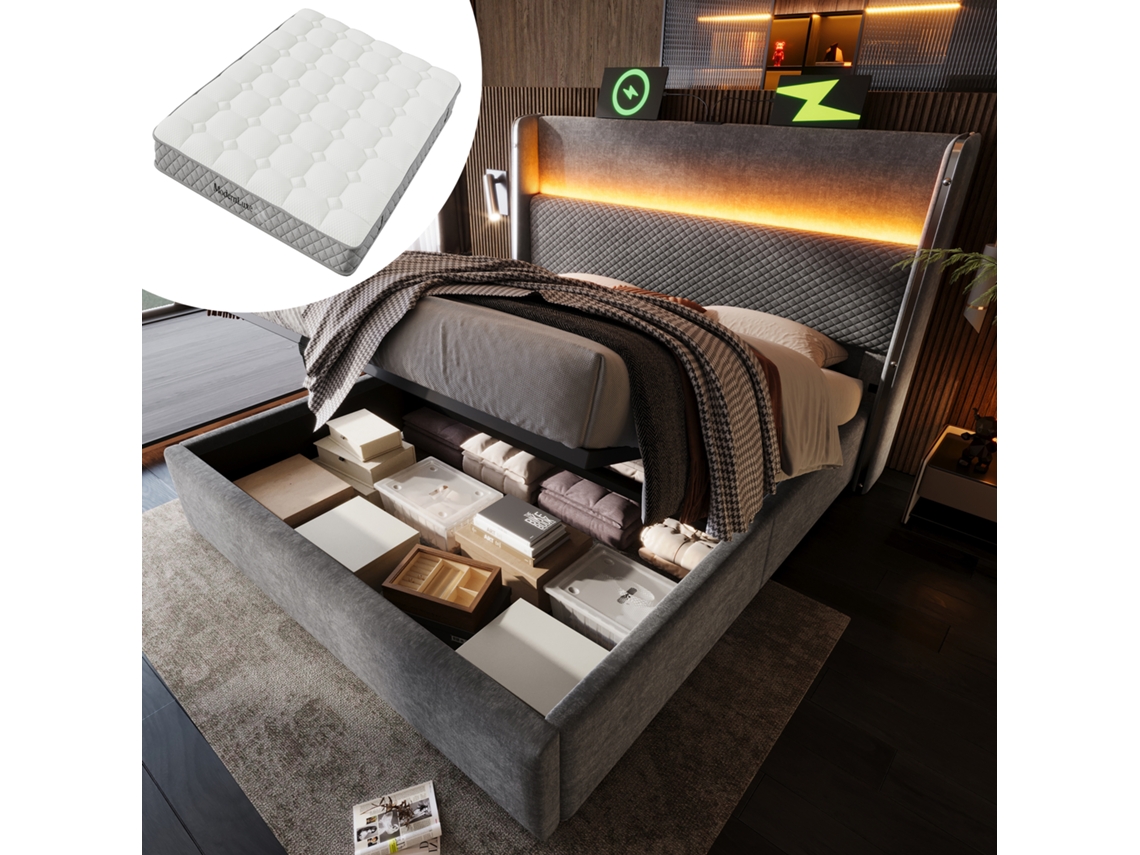 Cama Hidráulica De 140x200 Cm Con Cabecero Gris, Iluminación Led Y Conexión Usb-c.