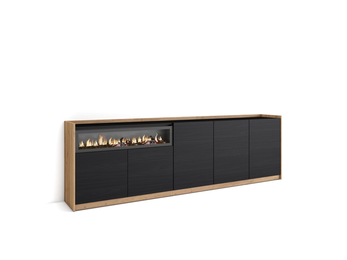 Aparador de comedor, 260x37x80cm, 5 puertas, chimenea eléctrica, negro y roble.