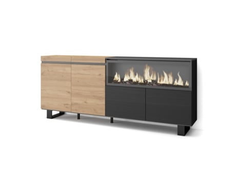Aparadores para salón, 210, 4 Puertas, Chimenea eléctrica XXL, Diseño industrial, Roble y negro SKRAUT HOME