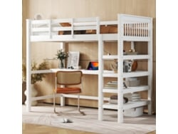 Cama Alta Infantil De 90x200 Cm, Escritorio Debajo De La Cama, Estantes De Almacenamiento, Estructura De Madera Blanca, Colchón No Incluido.