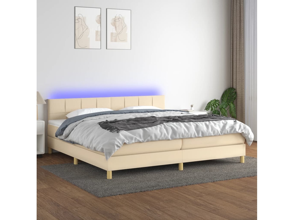 Cama Box Spring Con Colchón Y Led Tela Crema 200x200 Cm
