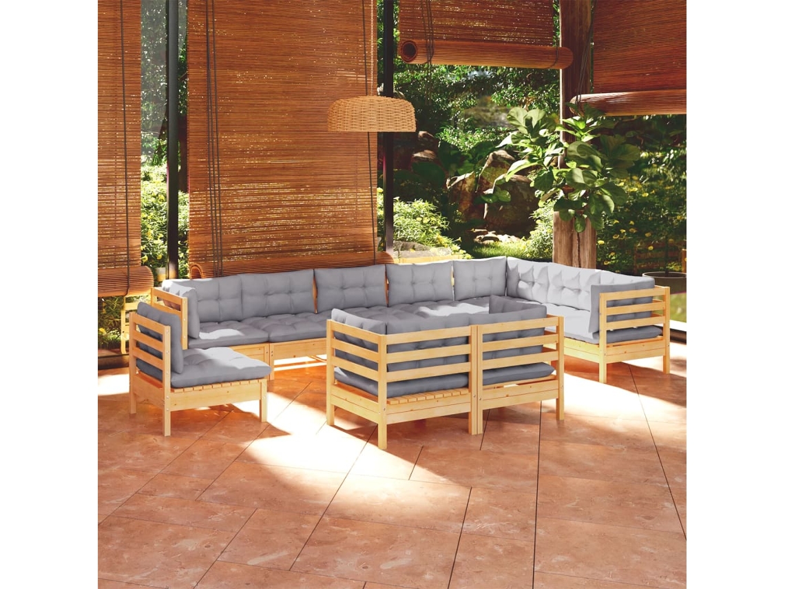 Conjunto de jardín de 10 piezas con cojines grises en pino macizo DKD Home Decor