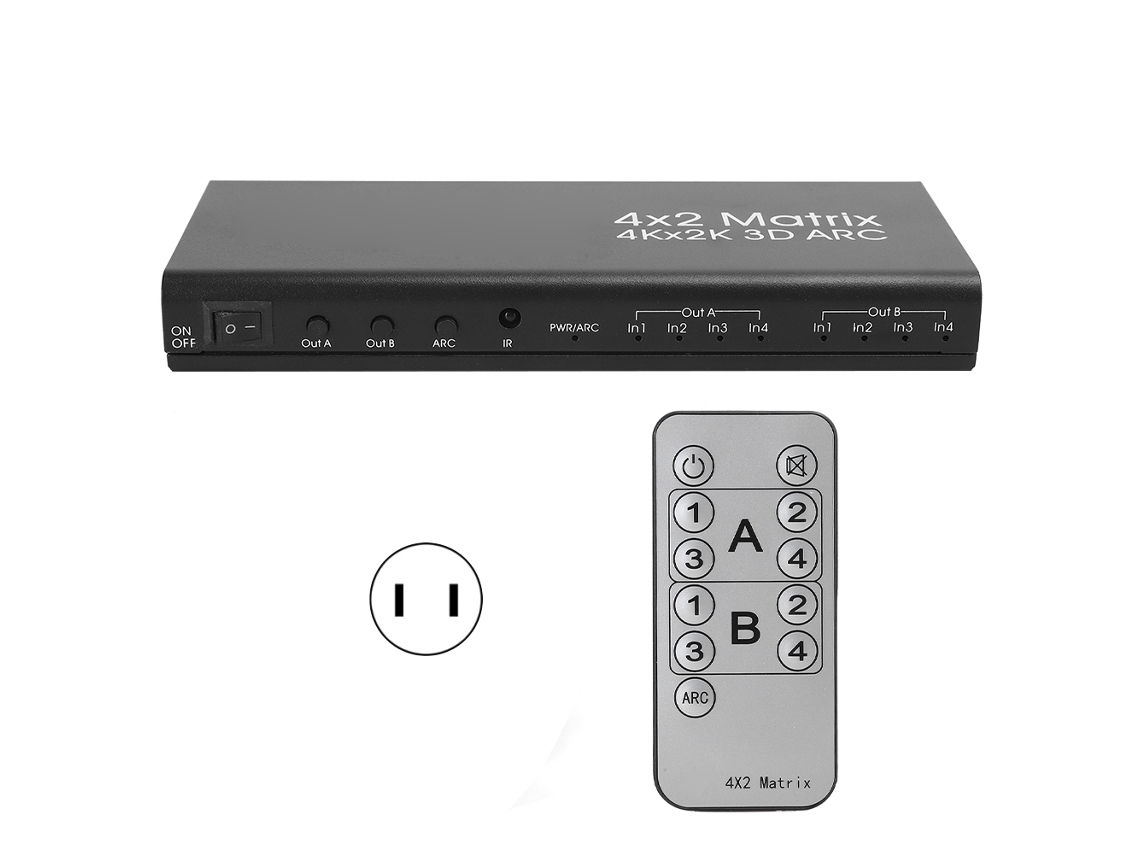 Conmutador/distribuidor Matricial Hdmi 4x2 Con Salida Óptica Arc, Control Remoto, Compatible Con 4k 3d Mhl.