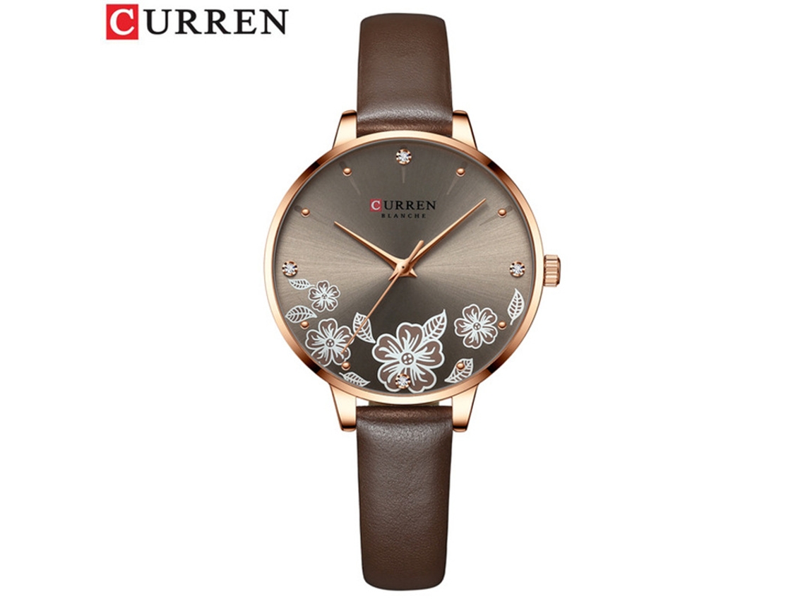 Reloj De Mujer Delgado (color Café Claro) Con Esfera Sencilla Estampada Con Pedrería.