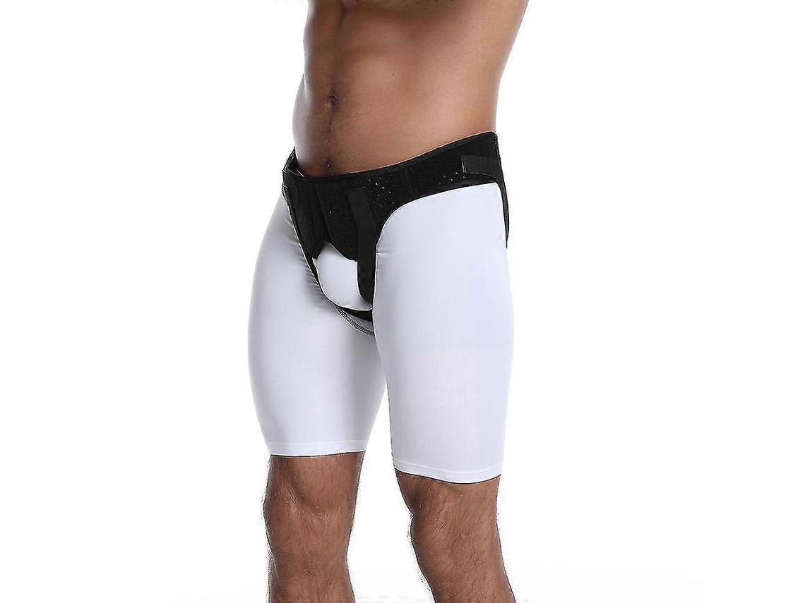 Cinta ajustável para hérnia em adultos com almofadas removíveis e suporte inguinal inflável para alívio da dor durante o sono. Tamanho único, 2 tiras - preta.