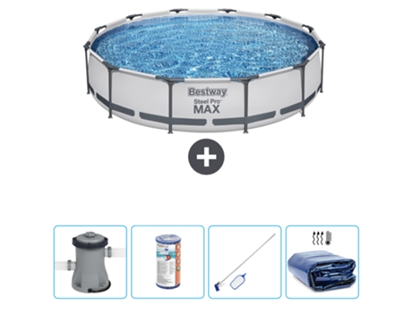 Piscina BESTWAY Round Steel Pro MAX - 366 x 76 cm - Gris - Bomba incluida Filtrar - kit de limpieza - Vela solar