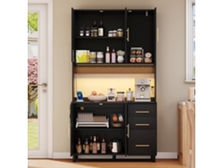 Buffet 183 Cm - Con Luces Led Controladas Por App, 2 Usb, 2 Enchufes, Estantes Ajustables, 3 Cajones, Asas Metálicas Doradas - Negro