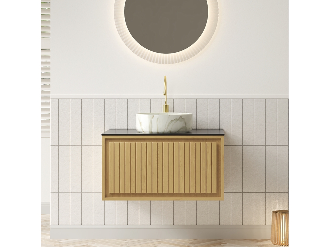 Mueble De Lavabo Kolas 61 Cm Con Lavabo Blanco, Cajón Y Acabado Roble Corolla