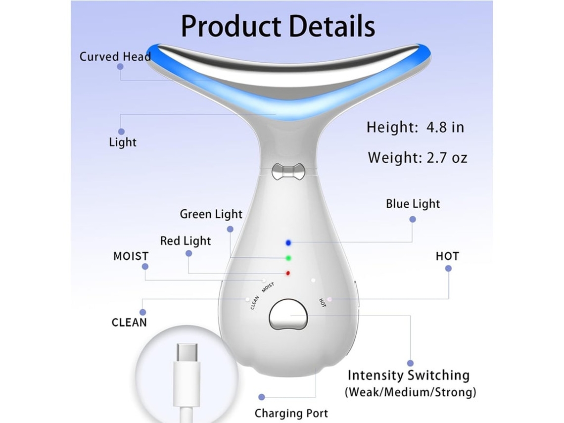 Masajeador facial LED para cuello, antiedad, eliminación de arrugas, reafirmante de piel, recargable por USB, blanco, Bestvite