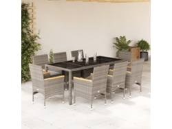 Juego de comedor de jardín de 9 piezas con cojines, mimbre, polietileno y vidrio, gris, Dkd Home Decor