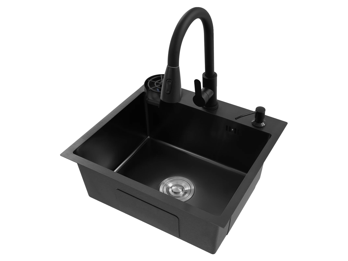 Fregadero de cocina, grifo retráctil, lavavasos, OEM negro