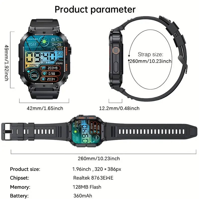 Reloj inteligente con pantalla de 1,96 pulgadas, chipset 8763EWE, llamadas Bluetooth, batería de 400 m, resistencia al agua IP68 SHAH ARPAN