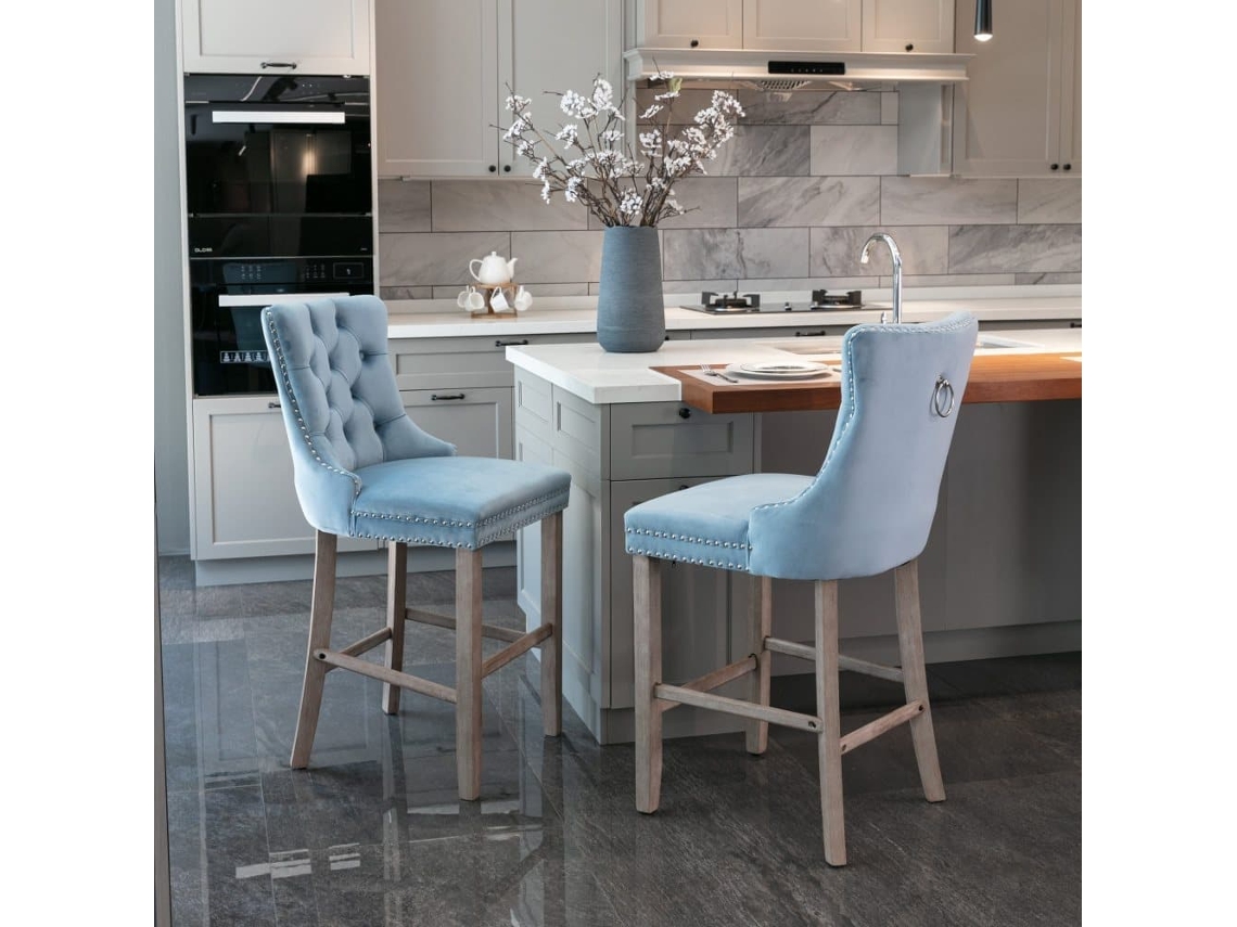 Taburetes De Bar 2 Unidades - Terciopelo Acolchado Con Botones Y Patas De Madera - Azul Claro