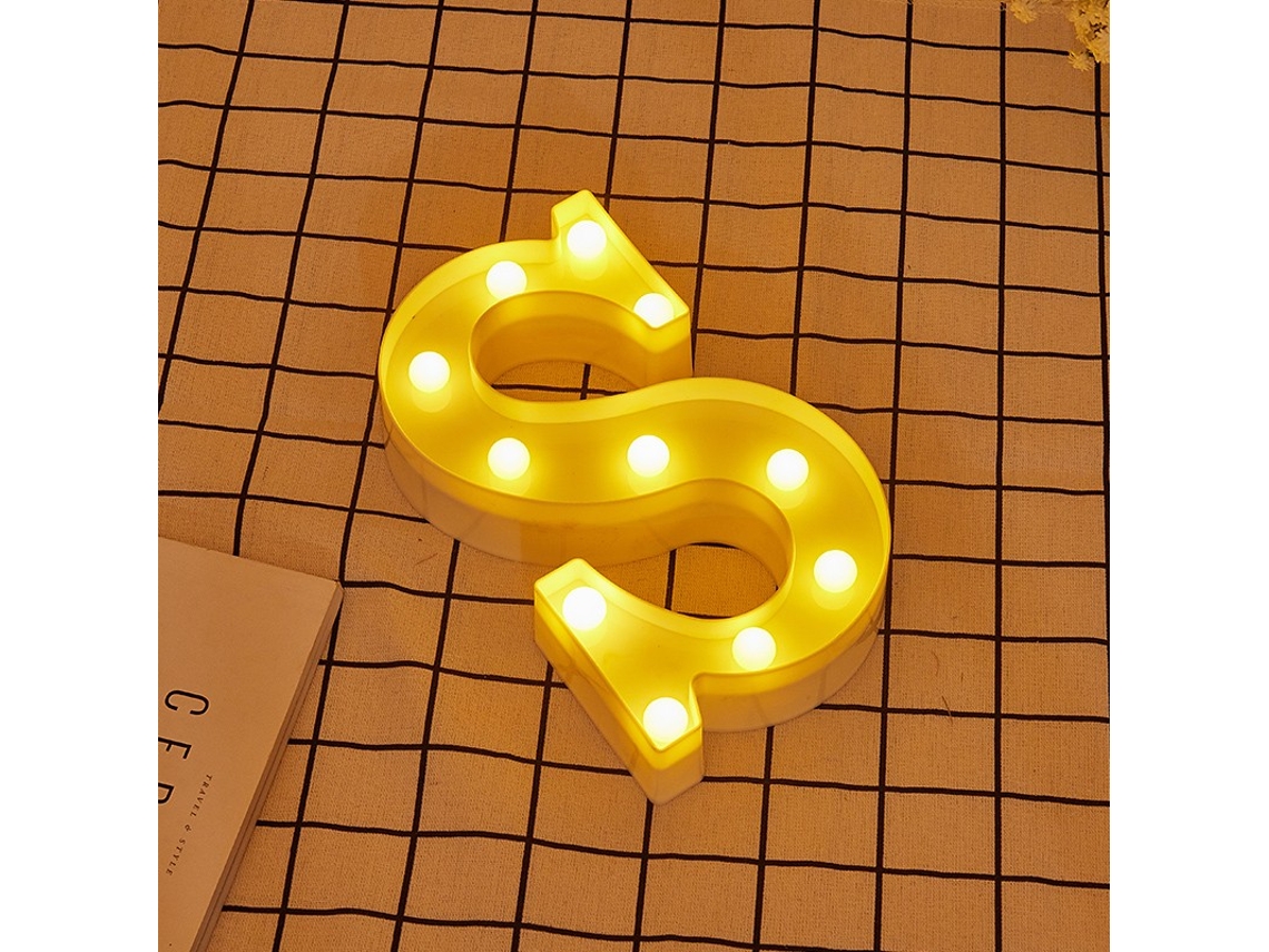 Letra LED S Iluminada con Luz Blanca Cálida, Altura 22cm, Funcionamiento a Pilas 2*AA
