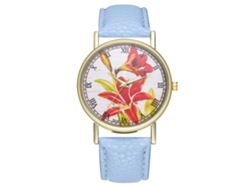 Reloj De Pulsera De Cuarzo Para Mujer Con Correa De Pu Y Estampado Floral Azul Claro.