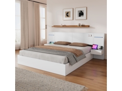 Cama Doble De Madera 180x200cm Con Usb, Reloj, Bluetooth, Tira Led, 2 Mesitas, Blanca, Sin Colchón