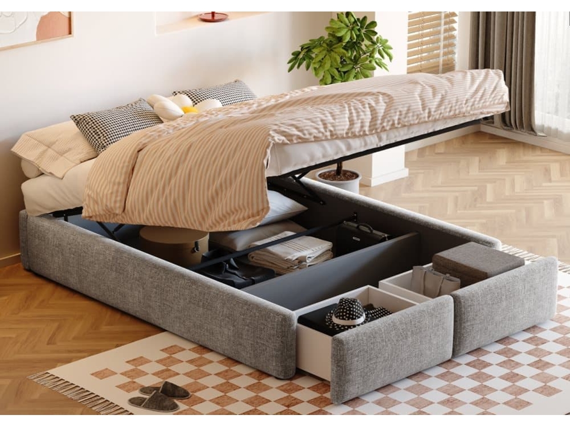 Cama Doble Tapizada 140x200cm Sin Cabecero - Con 2 Cajones - Tela De Lino - Gris