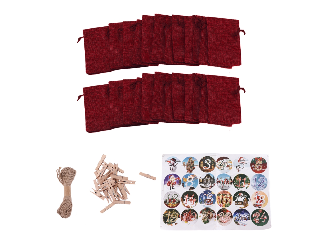 24 Bolsas Navideñas Con Cordón Para Regalos, Calendario De Adviento, Números De La Suerte, Vino Tinto.