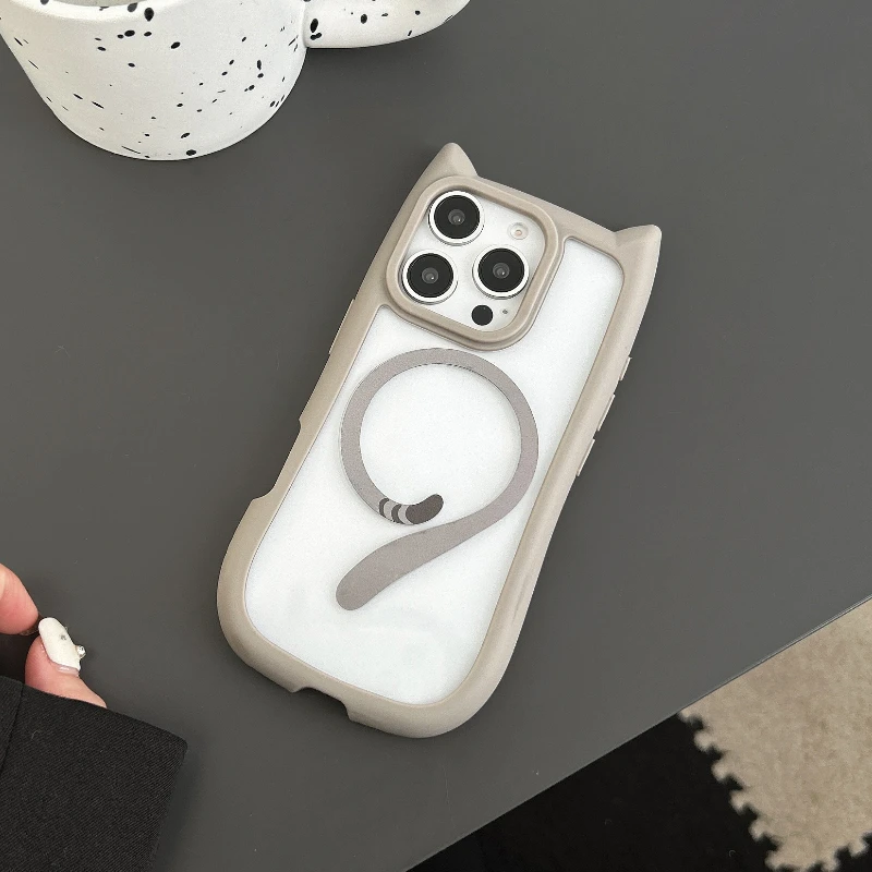 (gris, Iphone 17) Funda Transparente De Tpu Con Orejas De Gato En 3d Para Iphone, Carga Inalámbrica Magnética.