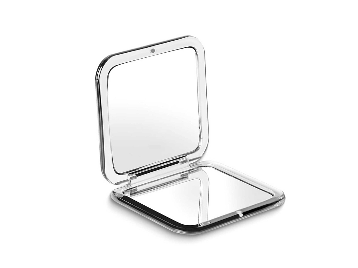 Espejo de maquillaje negro con aumento de 10x, compacto y plegable.