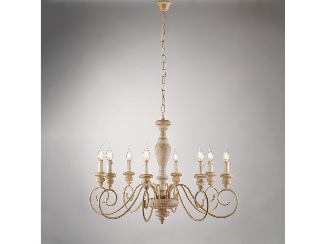 Cascina - Araña De Madera Y Hierro Blanco Y Gris Tórtola 8 Luces 121 - Ø82 - Bl265-8-bt