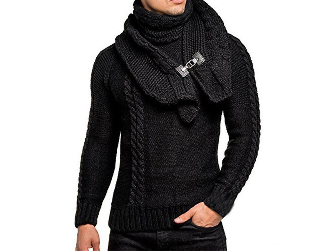 2026-jersey Hombre Manga Larga Bufanda Desmontable Suéter Tejido Cuello Tortuga Casual Algodón