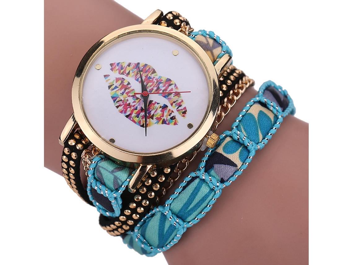 Reloj De Pulsera Multicapa De Estilo Étnico Para Mujer Con Esfera Blanca Y Azul Cielo.