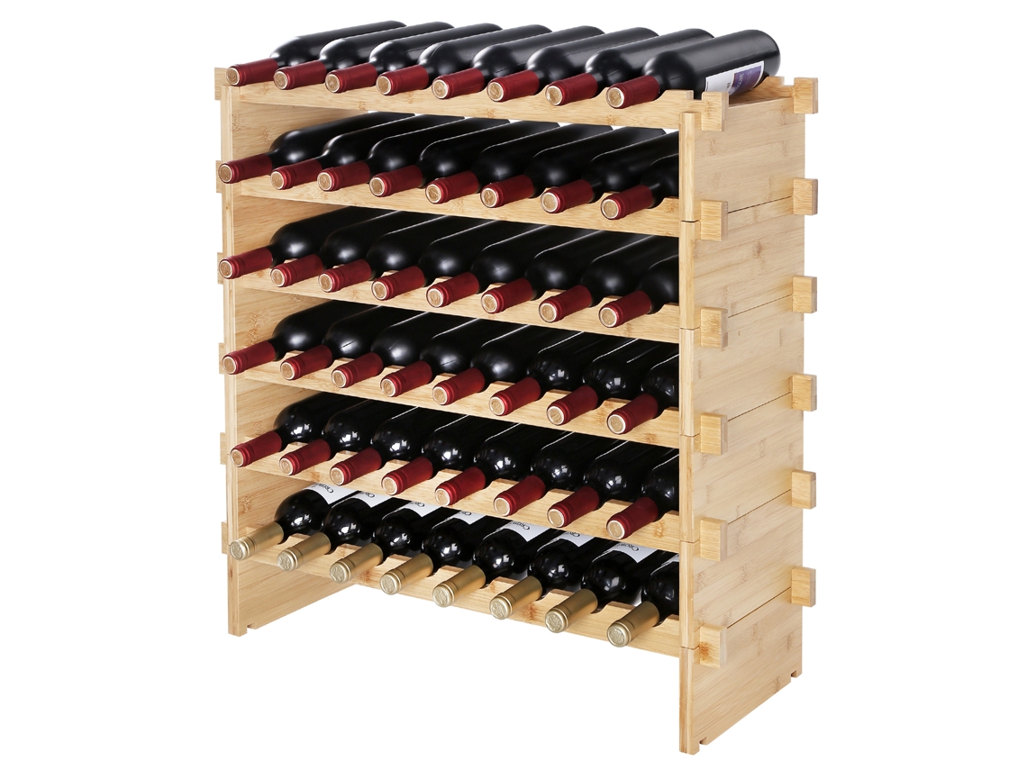 Botellero apilable Succebuy para 48 botellas, estante de exhibición de vinos de madera de bambú de 6 niveles