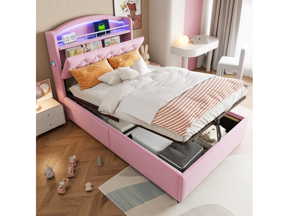 Cama Infantil De Terciopelo Rosa, 90x200 Cm, Led, Usb, Almacenamiento Integrado, Multifuncional.