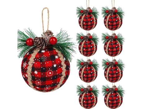 9 Uds. Adornos de bolas a cuadros de Navidad-adornos de bolas de tela a cuadros de búfalo negro y rojo de 3 pulgadas con conos de pino y vegetación