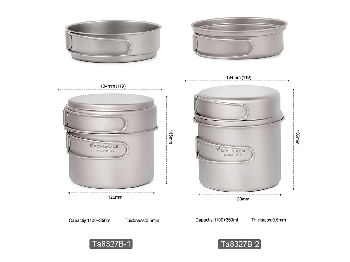 Juego De Utensilios De Cocina Ultraligeros De Titanio Para Camping (1100 Ml) Y Sartén (350 Ml) Con Asas Plegables.