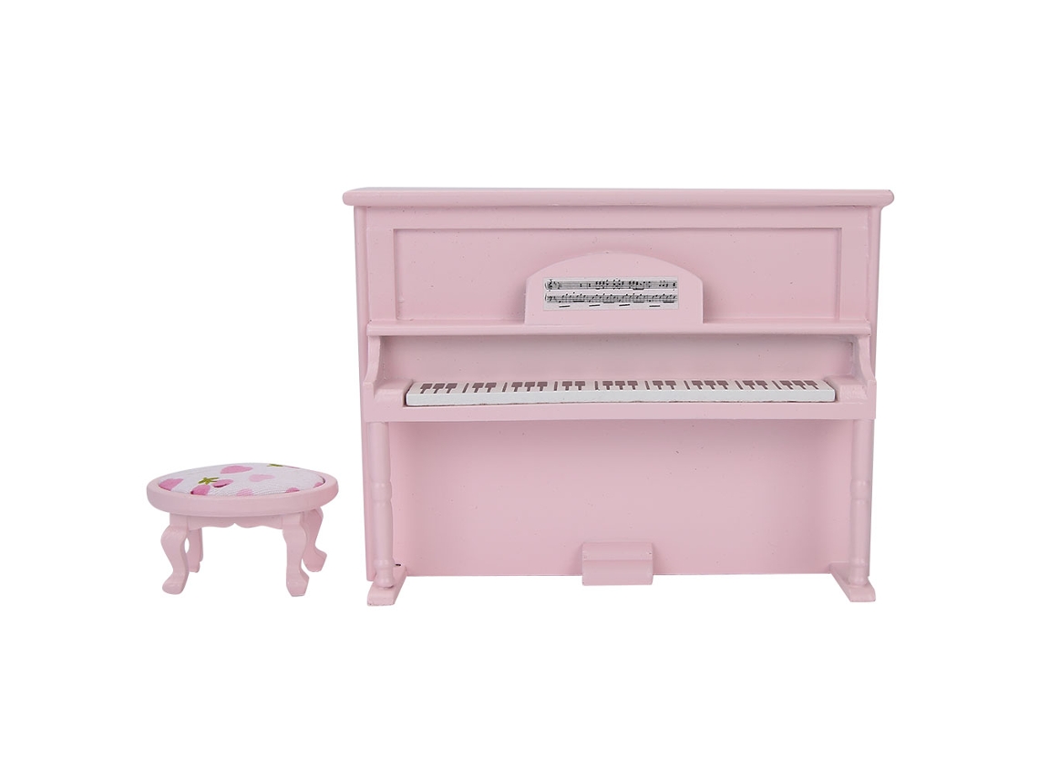 Accesorio Para Casa De Muñecas: Mini Piano Vertical Con Banqueta De Madera, Escala 1:12, Color Rosa.