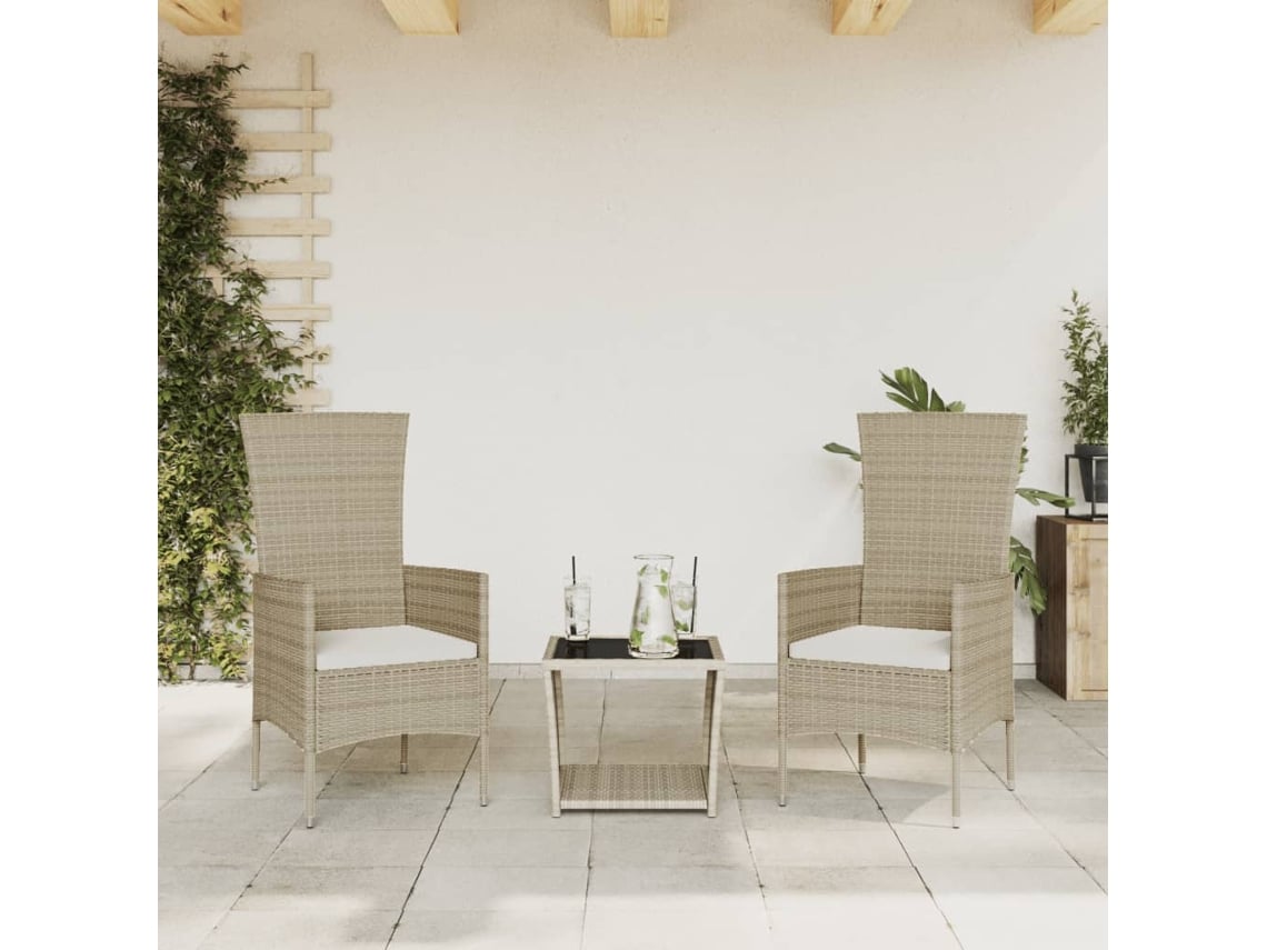 Juego de comedor de jardín de 3 piezas con cojines, mimbre sintético beige, Dkd Home Decor