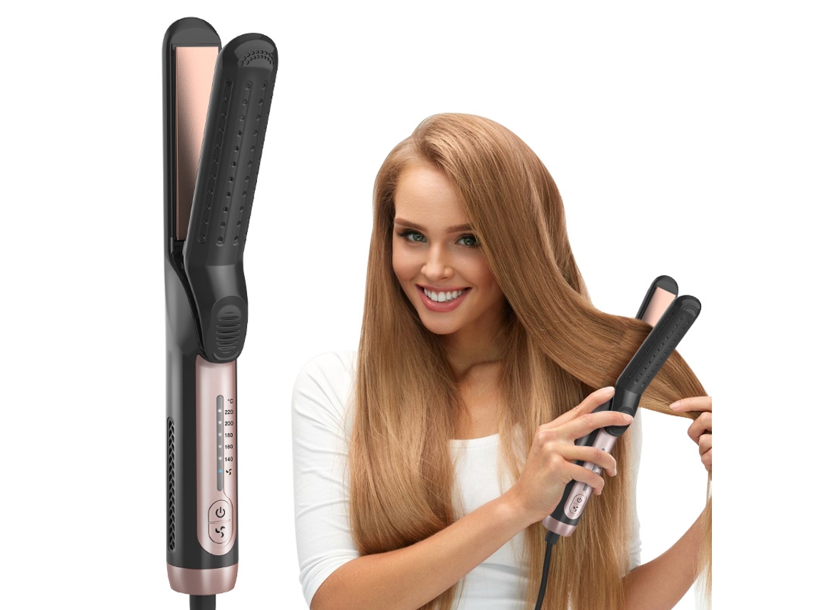 Plancha alisadora y rizadora de aire frío de doble función MDUG para cabello suave (negra, estándar europeo)
