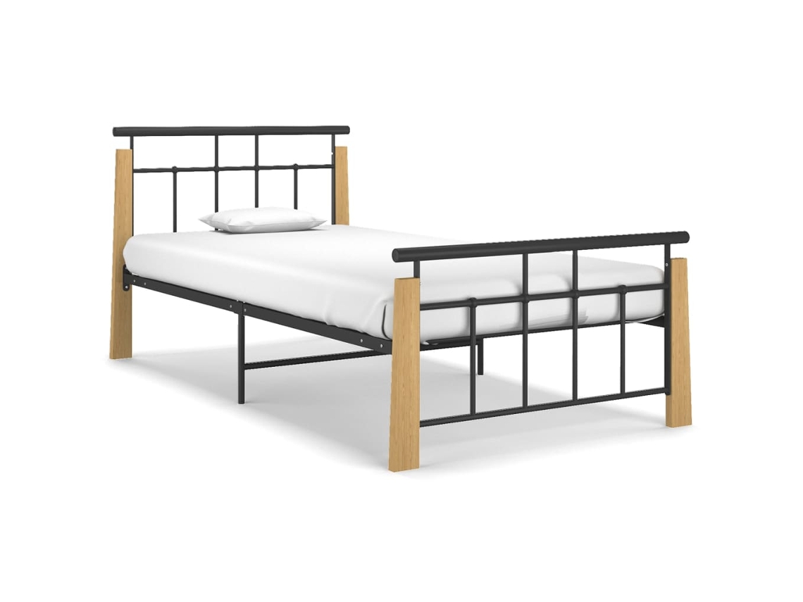 Cama con Plataforma Madera Maciza de Roble Metal Negro (90x200 cm)