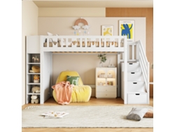 Cama alta de madera de 90x200 cm con múltiples compartimentos y escalera de almacenaje blanca