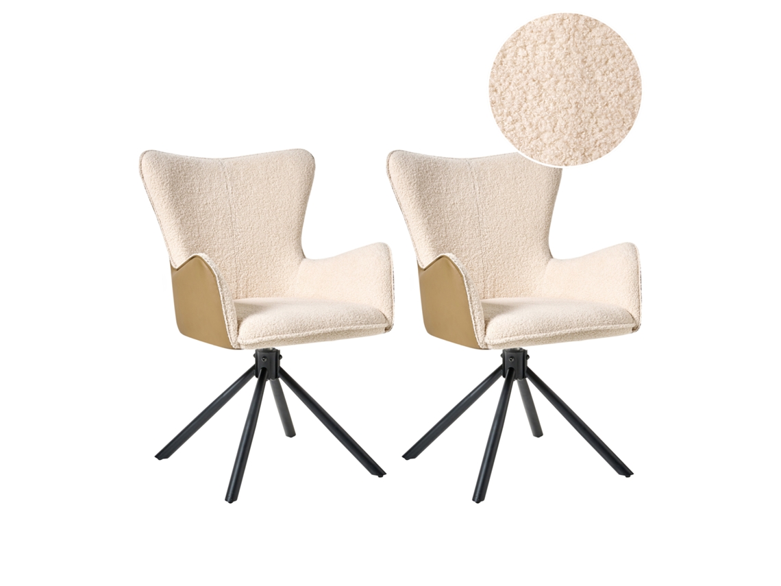 Conjunto de sillas giratorias Beliani Novi con respaldo alto en bouclé beige, 60 x 68 x 89 cm